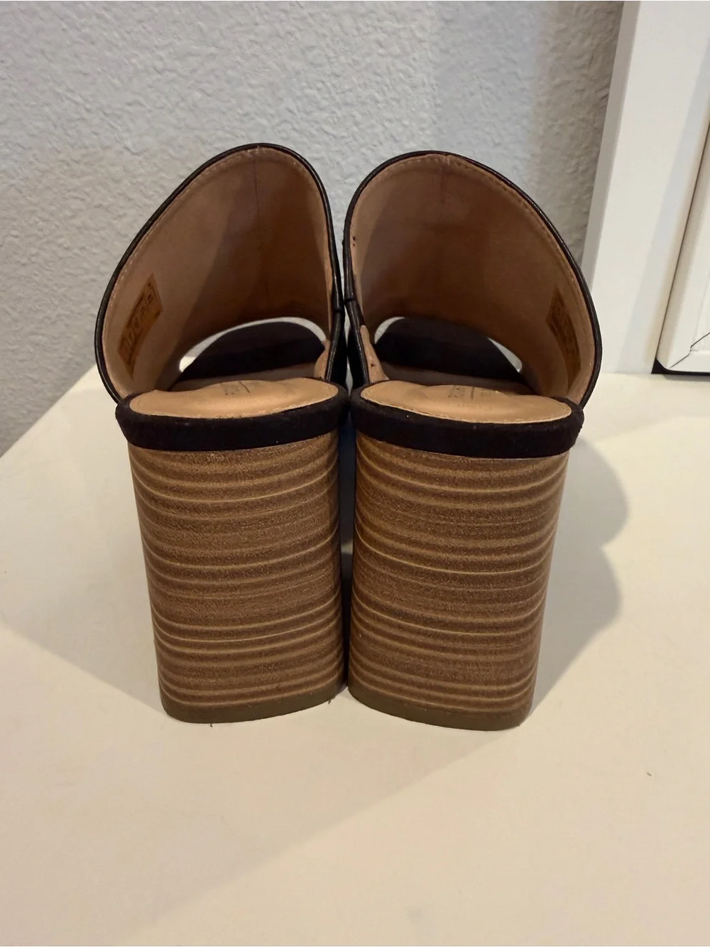 Rockport Black Leather Open-Toe Mule with Stacked Wood Block Heel
